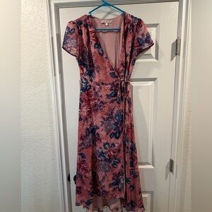 Lulus- Wayf Pink and Blue Floral Midi Wrap Dress